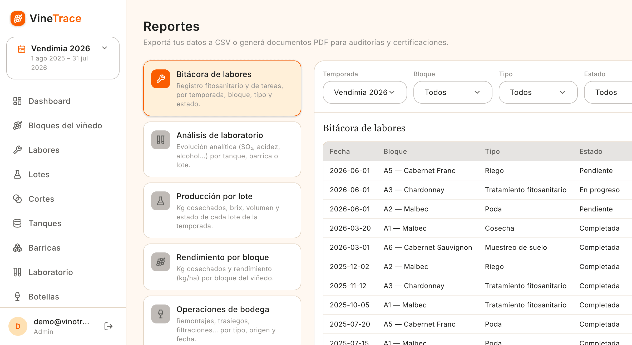 Hub de reportes con vista previa de bitácora